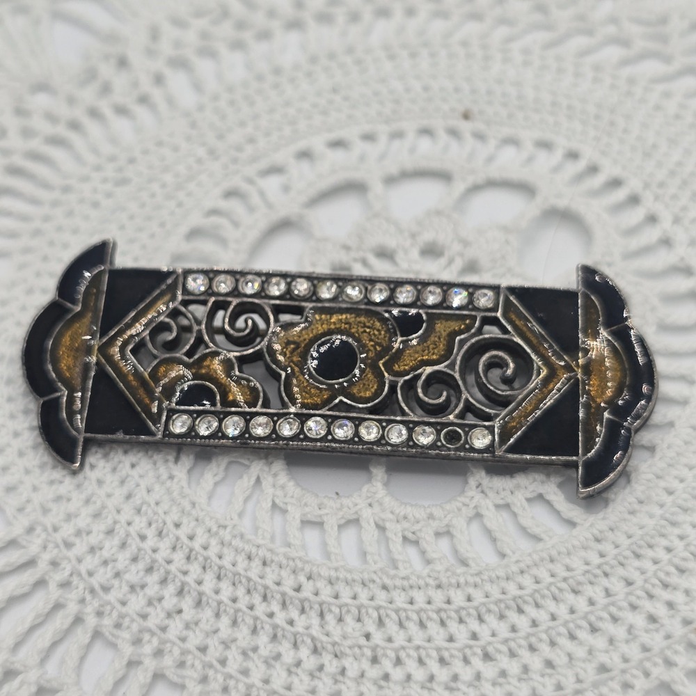 Pierre Bex Art Deco Revival Enamel Bar Brooch French Rhinestone Vintage Pin